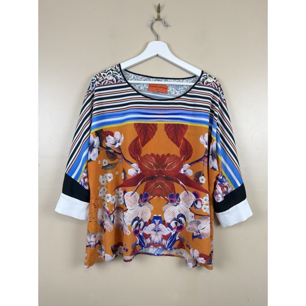 Clover Canyon Printed Blouse Women 3/4 Sleeve Abstract Floral Orange Blue Size M